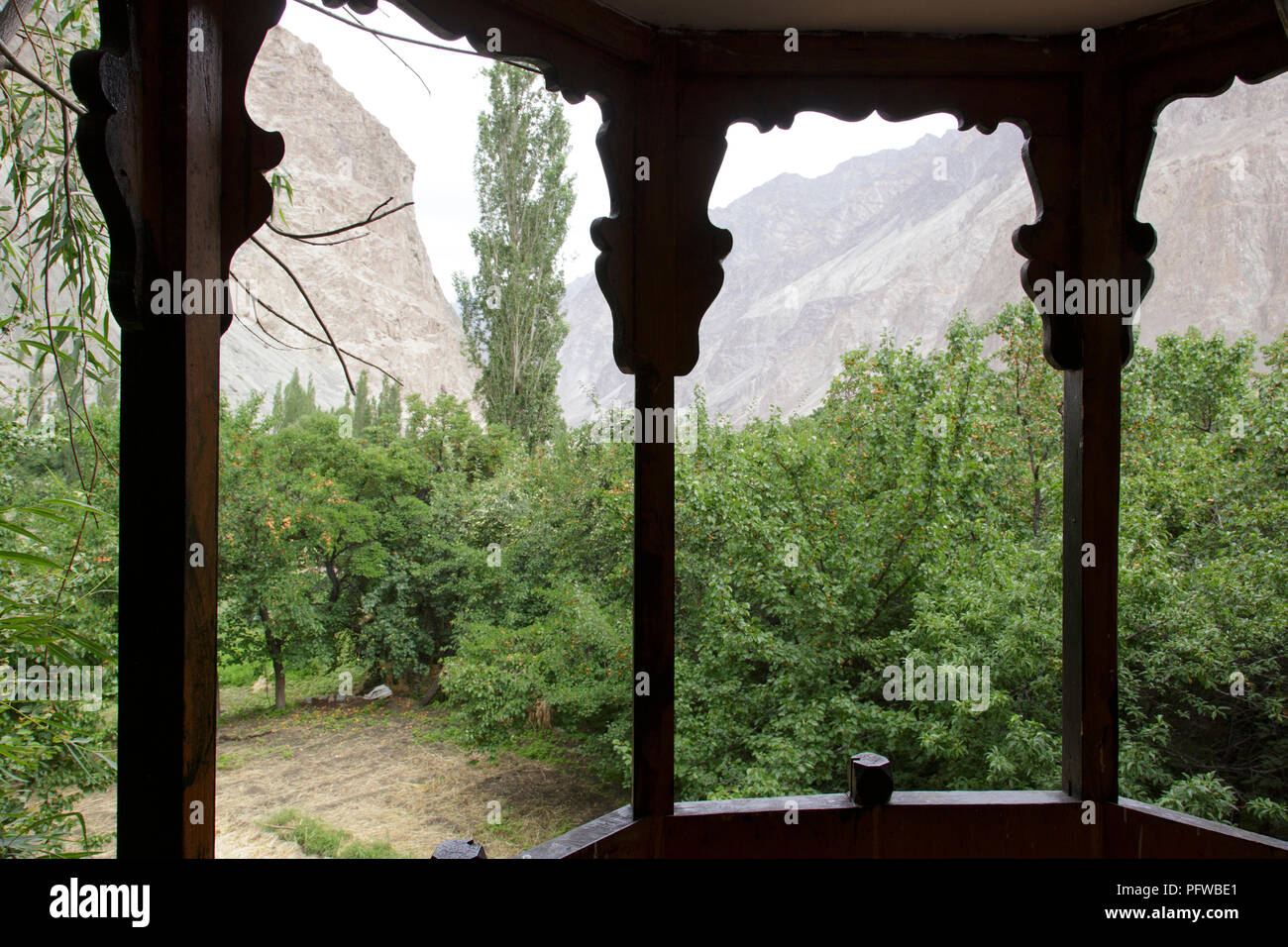 View from a wooden balcony at Khan's Palace, Turtuk village, Shyok valley, Ladakh, Jammu & Kashmir, India Stock Photo
