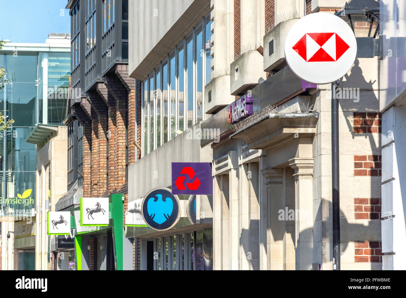 Row of high street banks (Lloyds, Barclays, Nat West & HSBC), High Street, Staines-upon-Thames, Surrey, England, United Kingdom Stock Photo