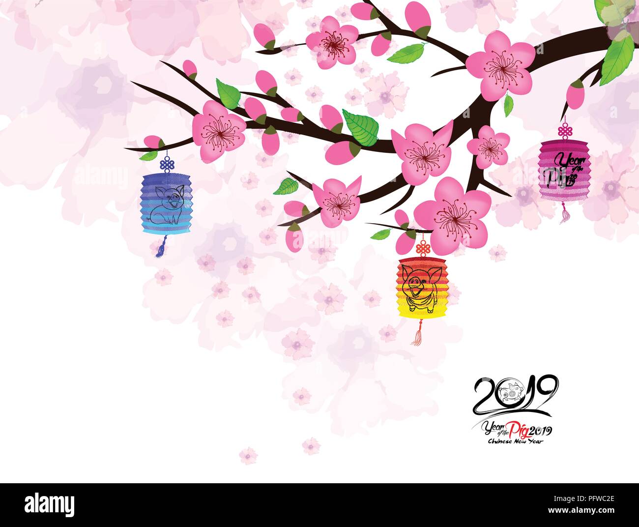 Chinese New Year card with plum blossom and lantern Stock Vector Image ...