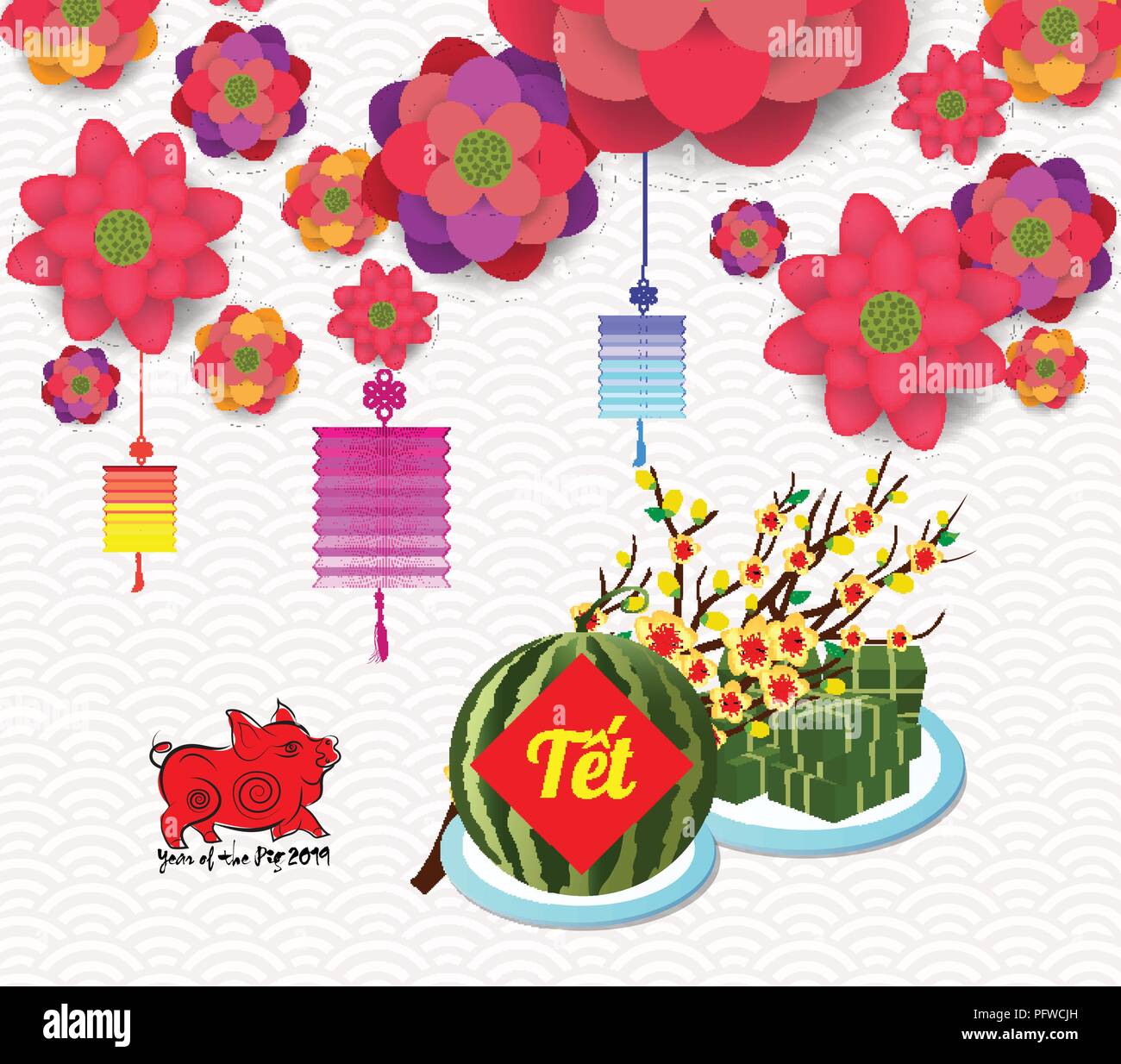 Cooked Square Glutinous Rice Cake And Blossom Vietnamese New Year Translation Tết Lunar New Year Stock Vector Image Art Alamy