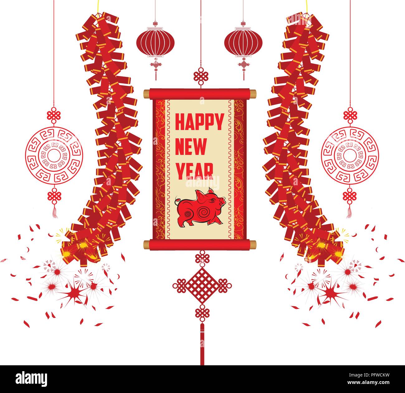 2019 Chinese New Year Greeting Card With Scroll Banner Stock