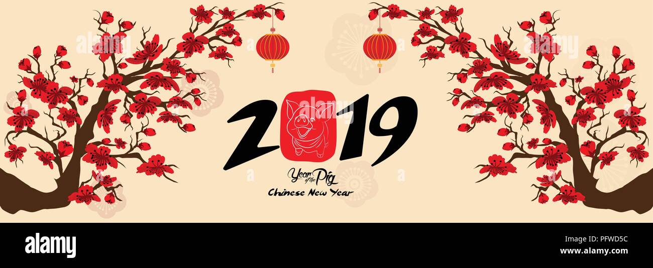 Set Banner Happy New Year 2019 Greeting Card And Chinese New Year