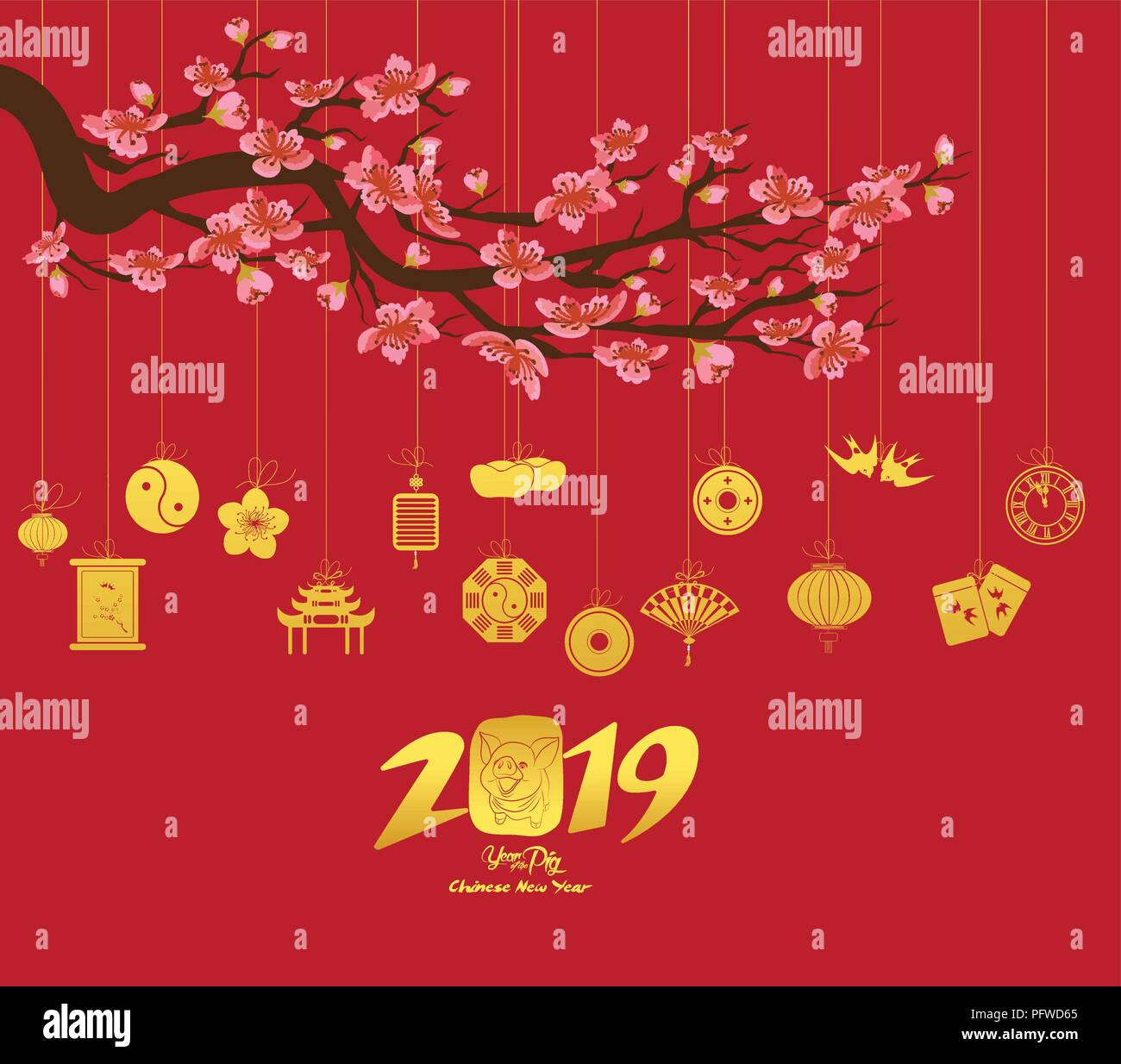 Chinese new year 2019 with lantern. Year of the pig Stock Vector