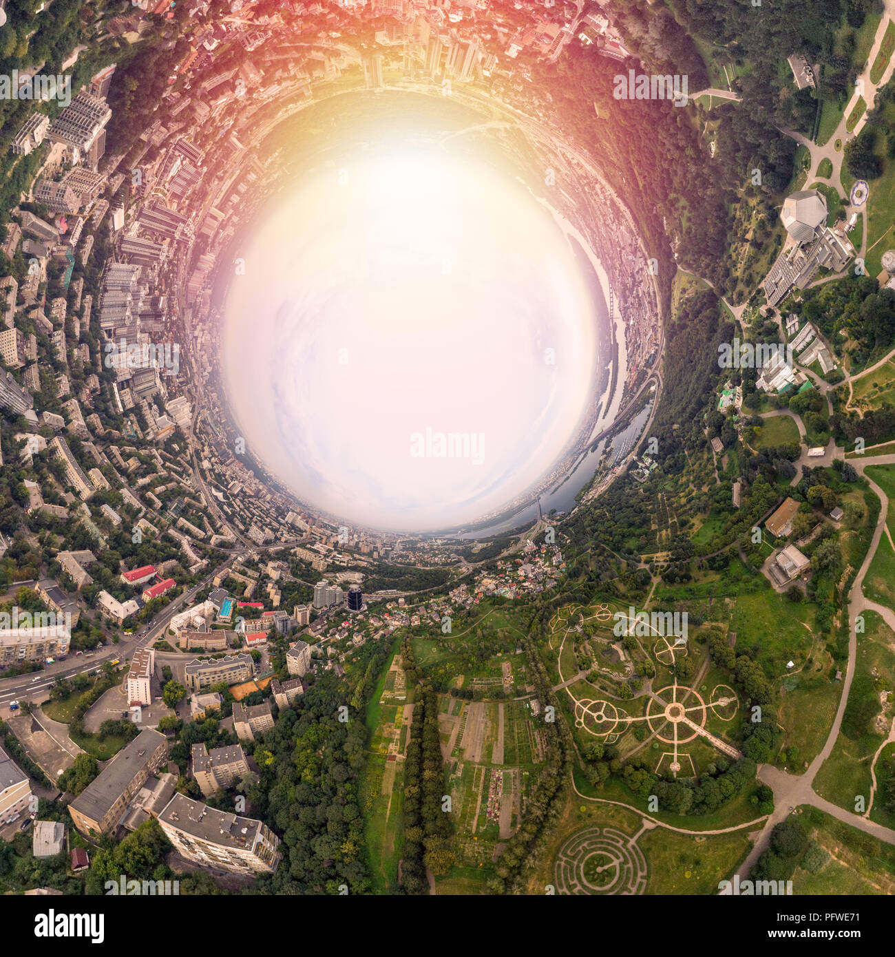 Aerial 360 degrees Panorama above the Botanical Garden named after M. M. Grishka in Kiev. Photo in the style of the film Inception Stock Photo