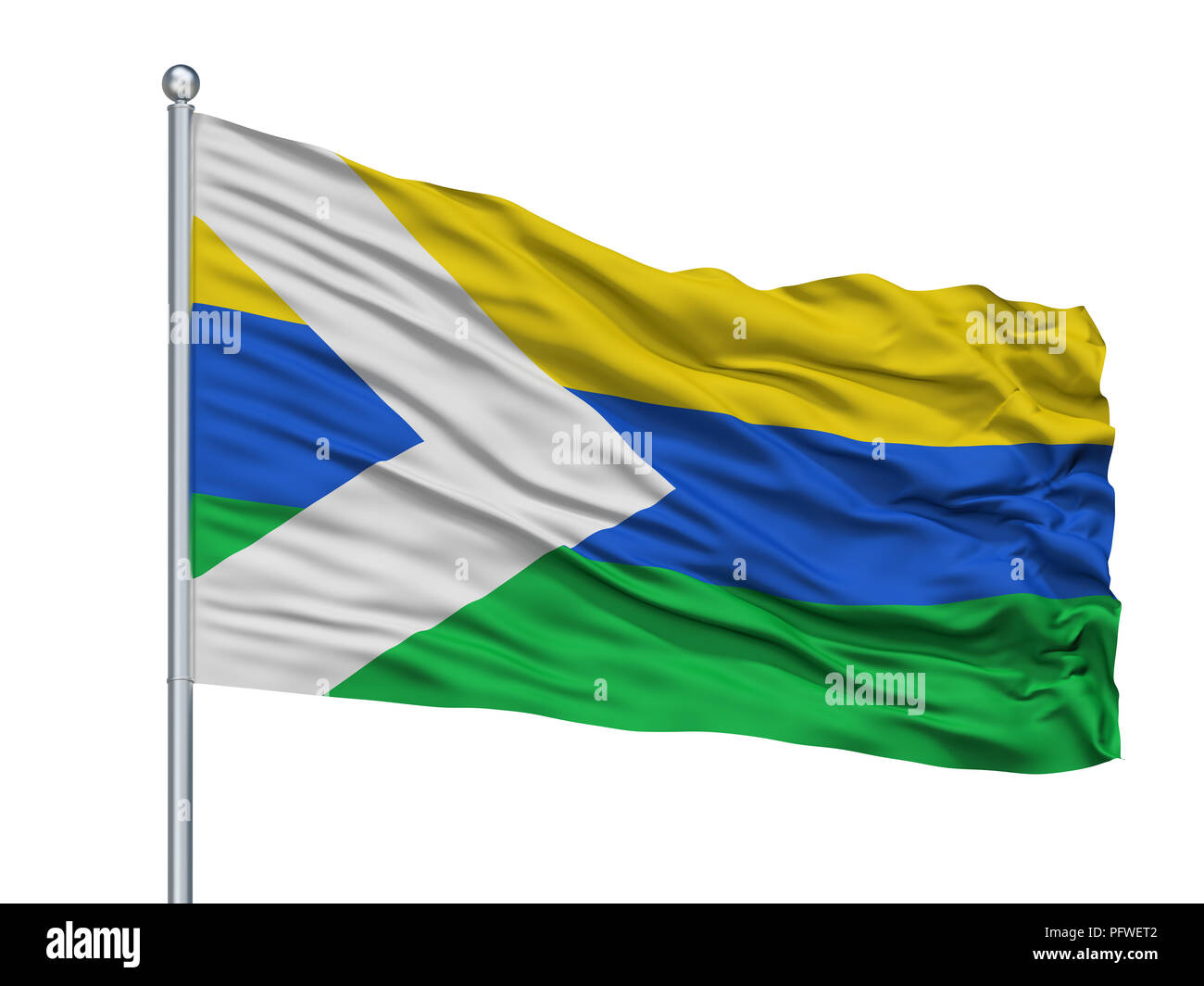 Cumaribo City Flag On Flagpole, Colombia, Vichada Department, Isolated On White Background Stock Photo