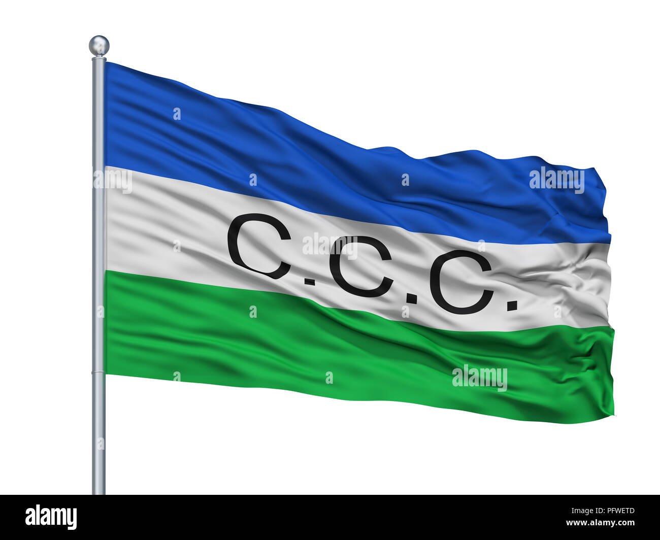Curillo City Flag On Flagpole, Colombia, Caqueta Department, Isolated On White Background Stock Photo