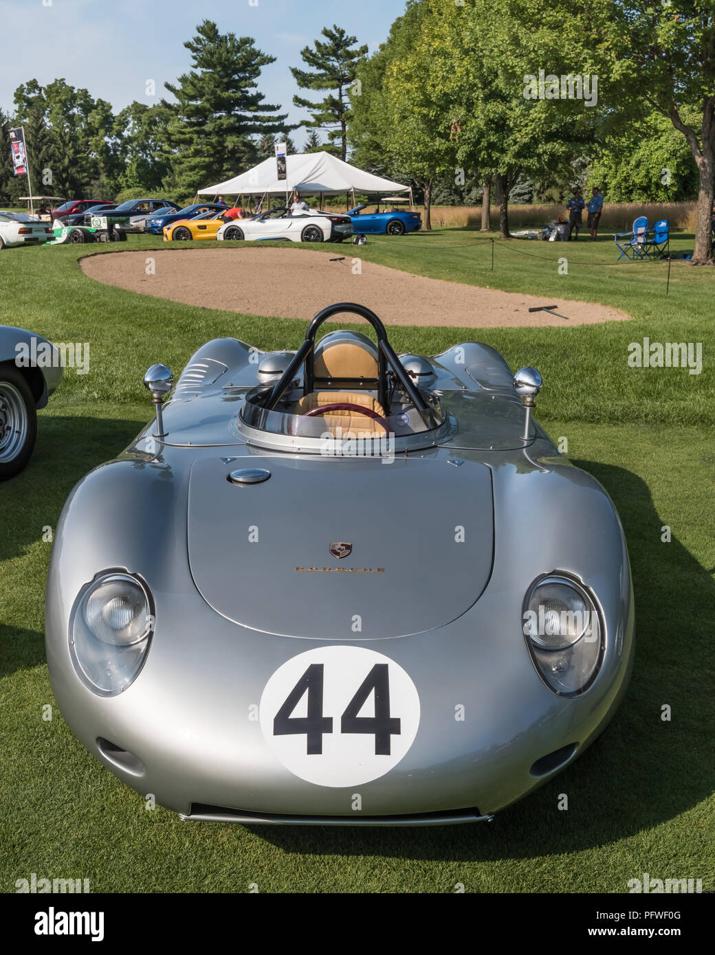 PLYMOUTH, MI/USA - JULY 29, 2018: A 1959 Porsche RSK 718 Le Mans racecar on display at the Concours d'Elegance of America car show. Stock Photo