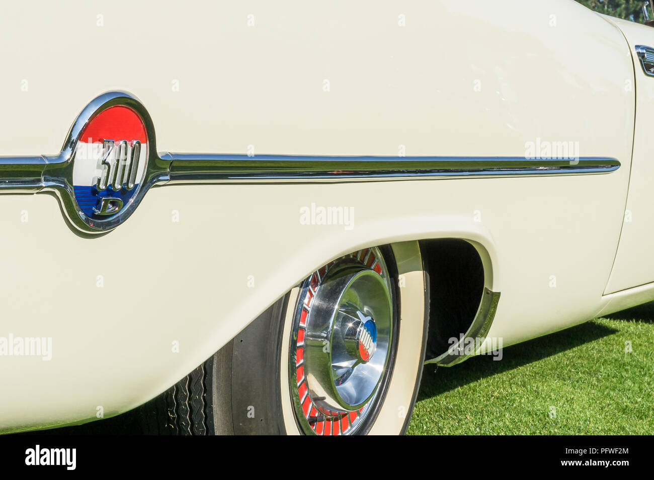PLYMOUTH, MI/USA - JULY 29, 2018: A 1958 Chrysler 300D trim on display at the Concours d'Elegance of America car show at The Inn at St. John’s. Stock Photo