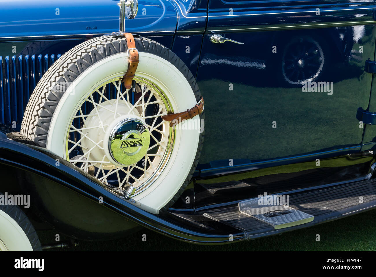PLYMOUTH, MI/USA - JULY 29, 2018: Close-up of a 1932 Plymouth PB Cabriolet spare tire on display at the Concours d'Elegance of America car show. Stock Photo