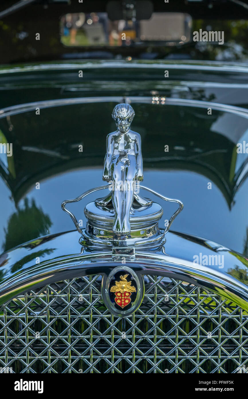 PLYMOUTH, MI/USA - JULY 29, 2018: A 1931 Packard 845 hood ornament Adonis (a.k.a. Dauphin, Daphne at the Well) on display at the Concours d'Elegance. Stock Photo