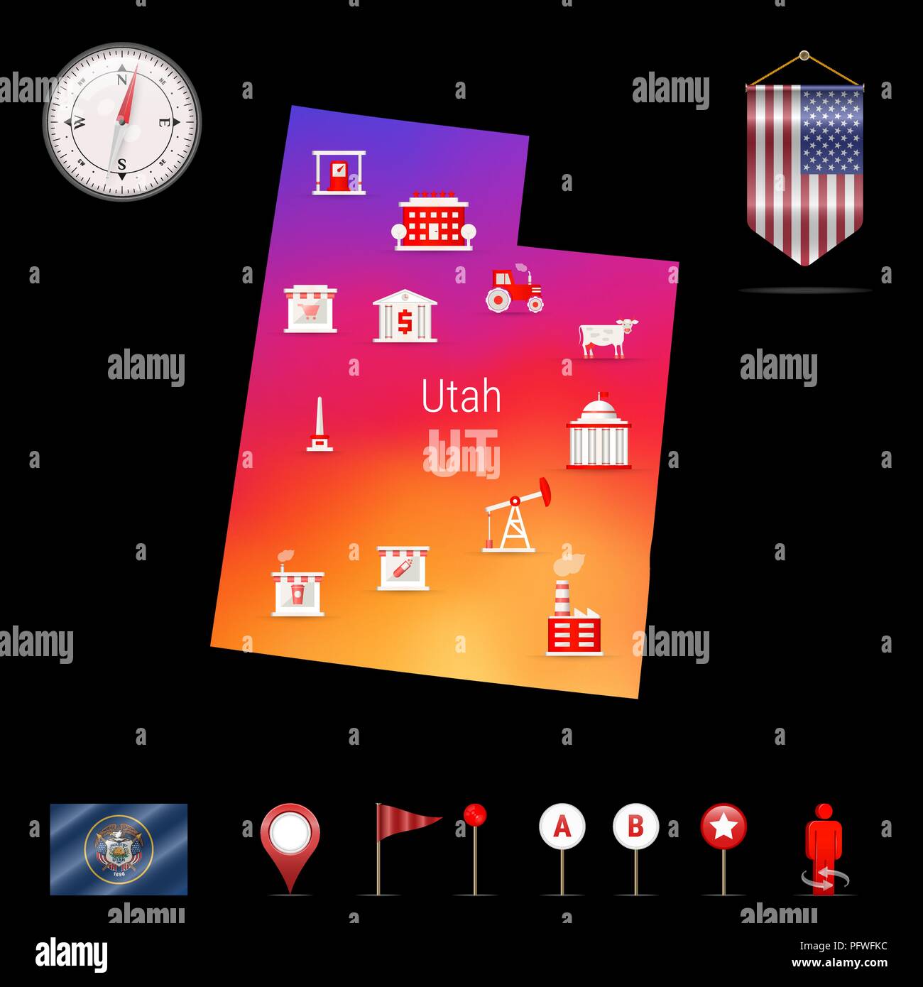 Utah Vector Map, Night View. Compass Icon, Map Navigation Elements. Pennant Flag of the United States. Vector Flag of Utah. Various Industries, Economic Geography Icons. Stock Vector