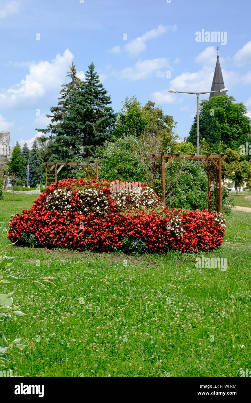public flowerbed designed in the shape of a car is full of red and