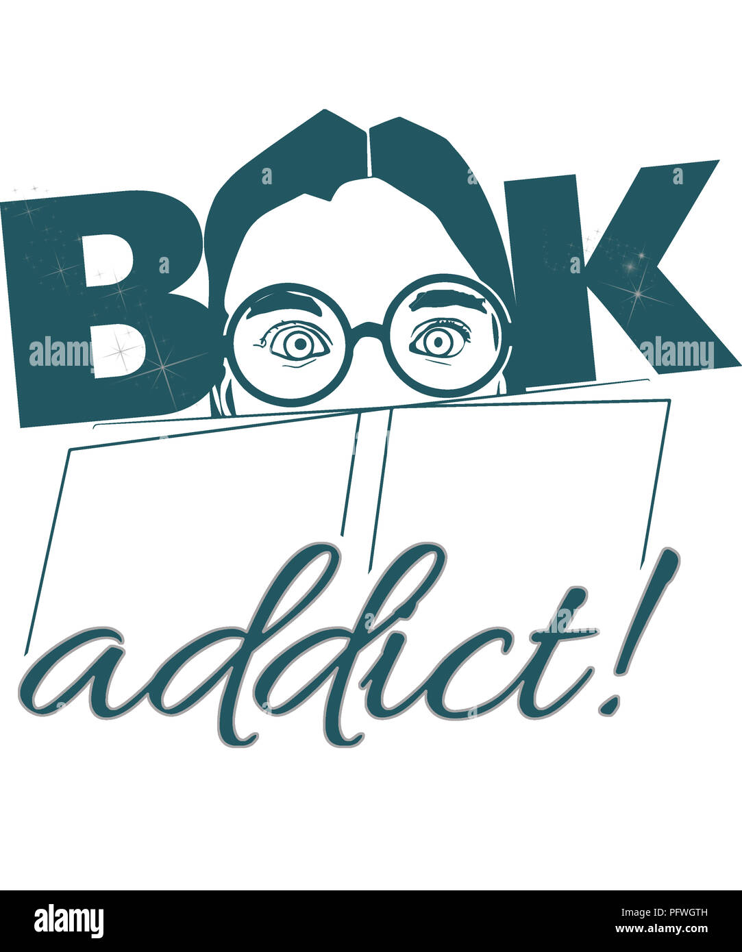 Book addict graphic illustration with teal colored font.  The double oo are the girls' glasses. Stock Photo