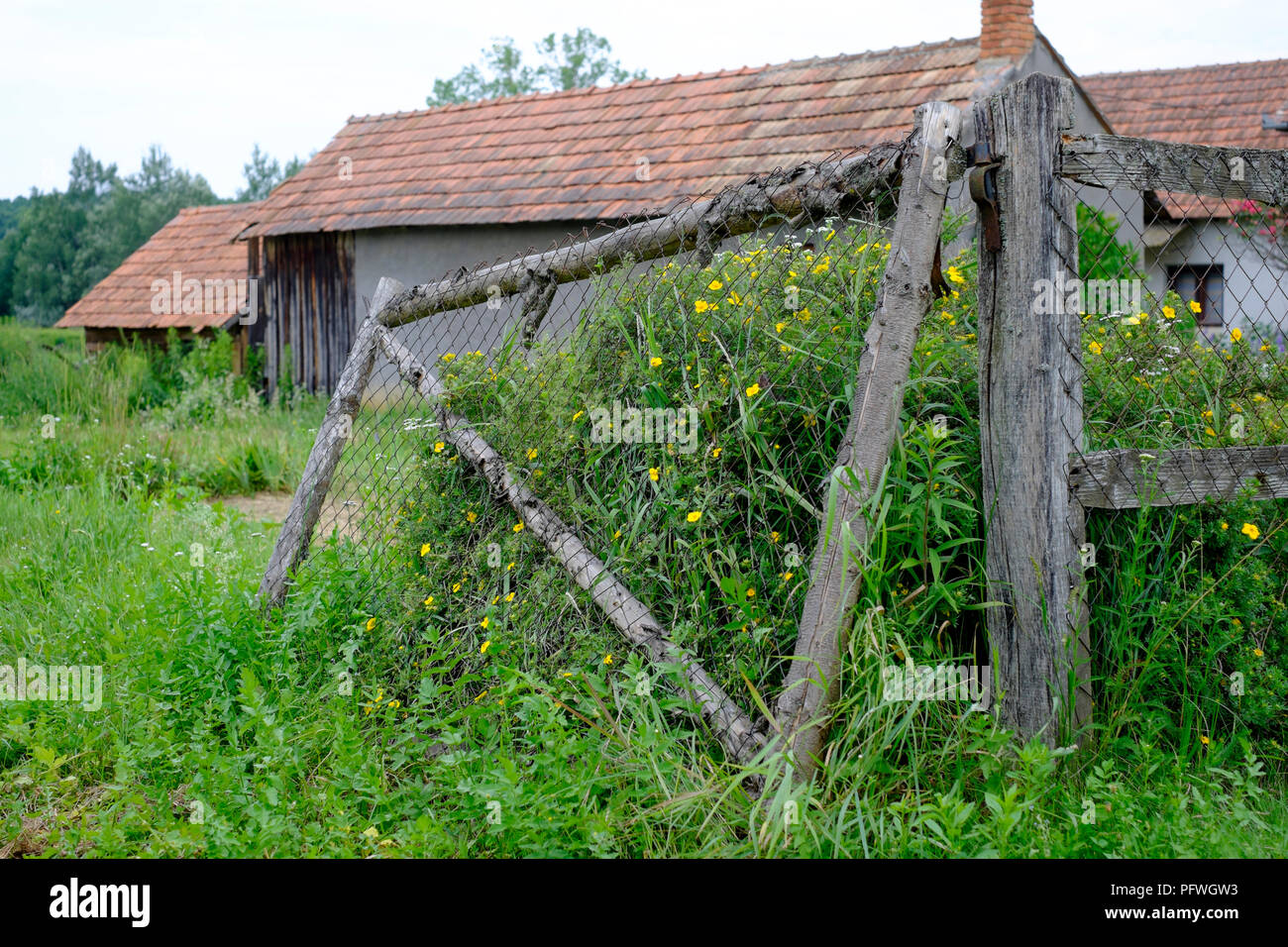 broken down simple wooden gateway leading to a field beside a traditional rural village house zala county hungary Stock Photo