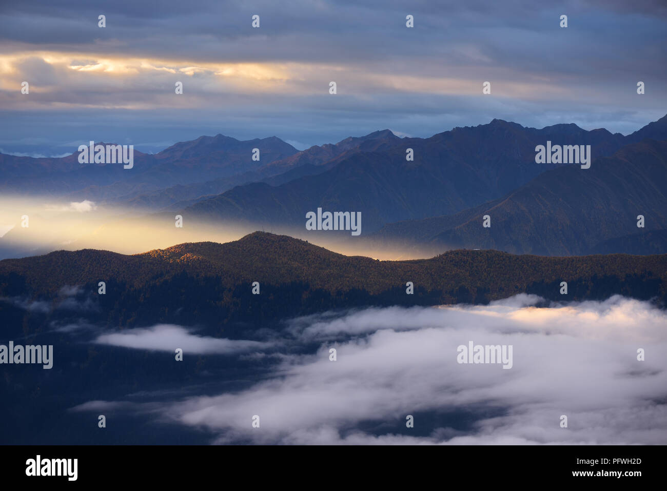 Mountain landscape in morning. Sunbeam. Beauty in nature. Zemo Svaneti, Georgia Stock Photo