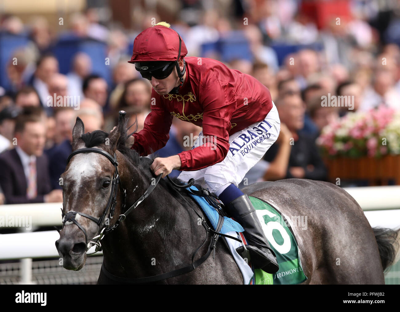 Roaring Lion ridden by Oisin Murphy wins the Juddmonte International Stakes during Juddmonte International Day of the Yorkshire Ebor Festival at York Racecourse. Stock Photo