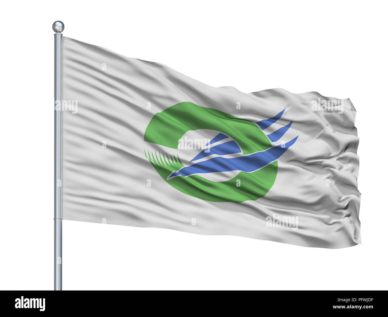 Wajima City Flag On Flagpole, Japan, Ishikawa Prefecture, Isolated On White Background Stock Photo