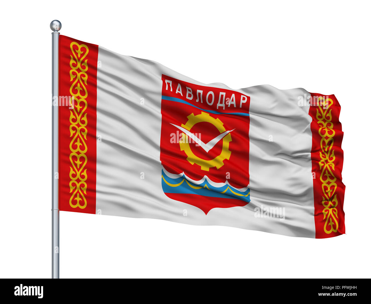 Pavlodar City Flag On Flagpole, Kazakhstan, Isolated On White Background Stock Photo