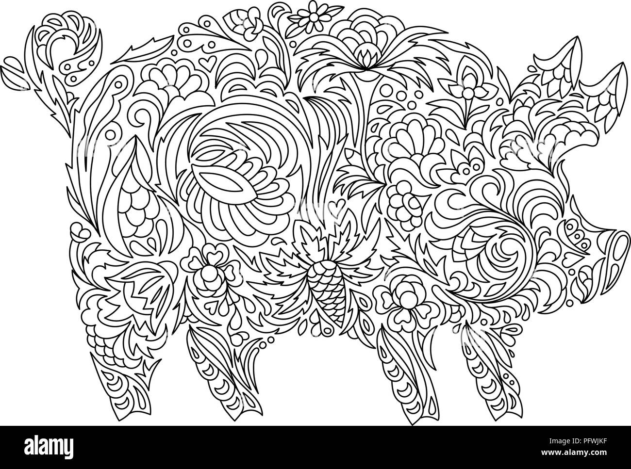 Drawing zentangle pig for coloring book for adult or other decorations Stock Vector