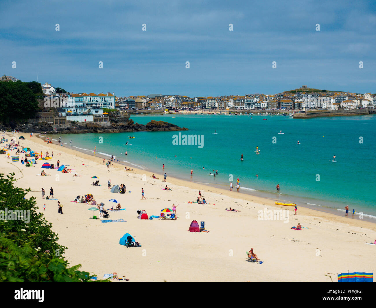Porthminster Beach S Ives Harbour Cornwall Looking towards the Harbour July 2018 Stock Photo