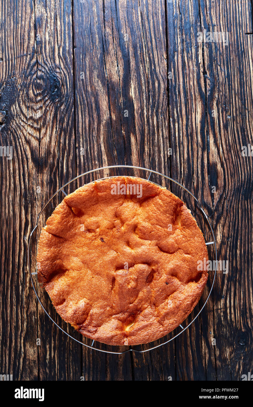 an apple charlotte on a wire rack - a dessert made of stewed apple with a casing or covering of sponge cake, vertical view from above, copy space Stock Photo