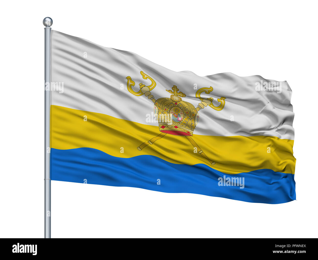 Kiev Oblast City Flag On Flagpole, Ukraine, Isolated On White Background Stock Photo