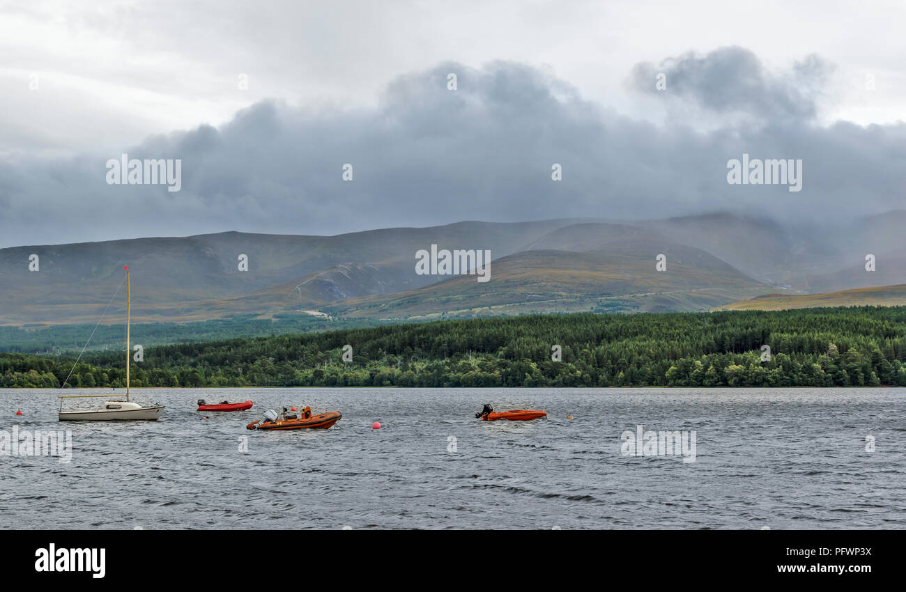 LOCH MORLICH NEAR AVIEMORE SCOTLAND RAIN CLOUDS OVER THE NORTHERN CAIRNGORM MOUNTAINS Stock Photo