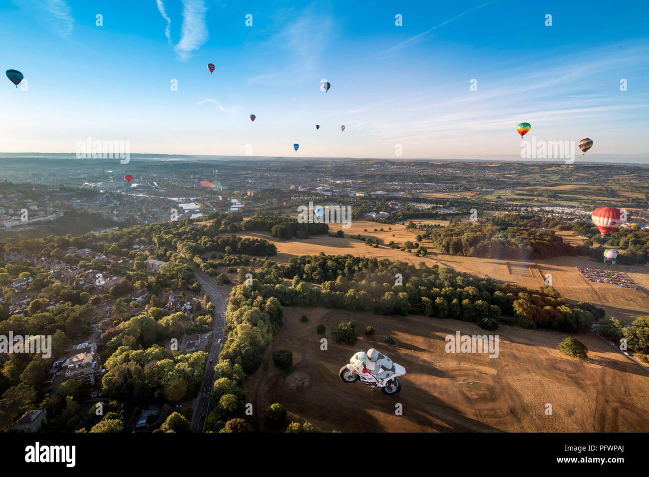 The Bristol Balloon Festival morning mass ascent at Ashton Court, Aug 2018 UK Stock Photo
