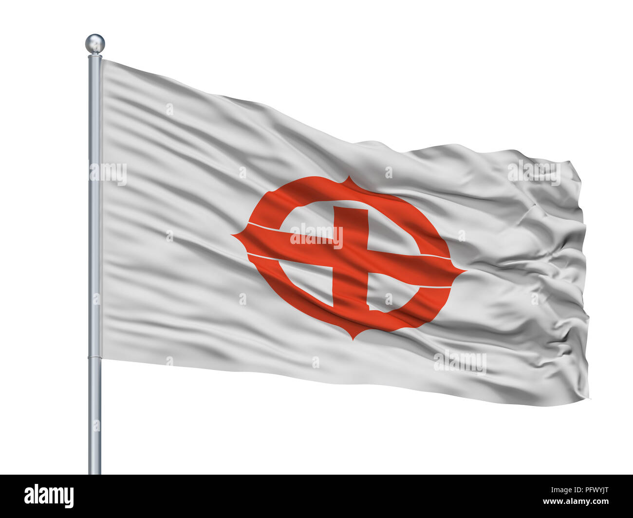 Hekinan City Flag On Flagpole, Japan, Aichi Prefecture, Isolated On White Background Stock Photo