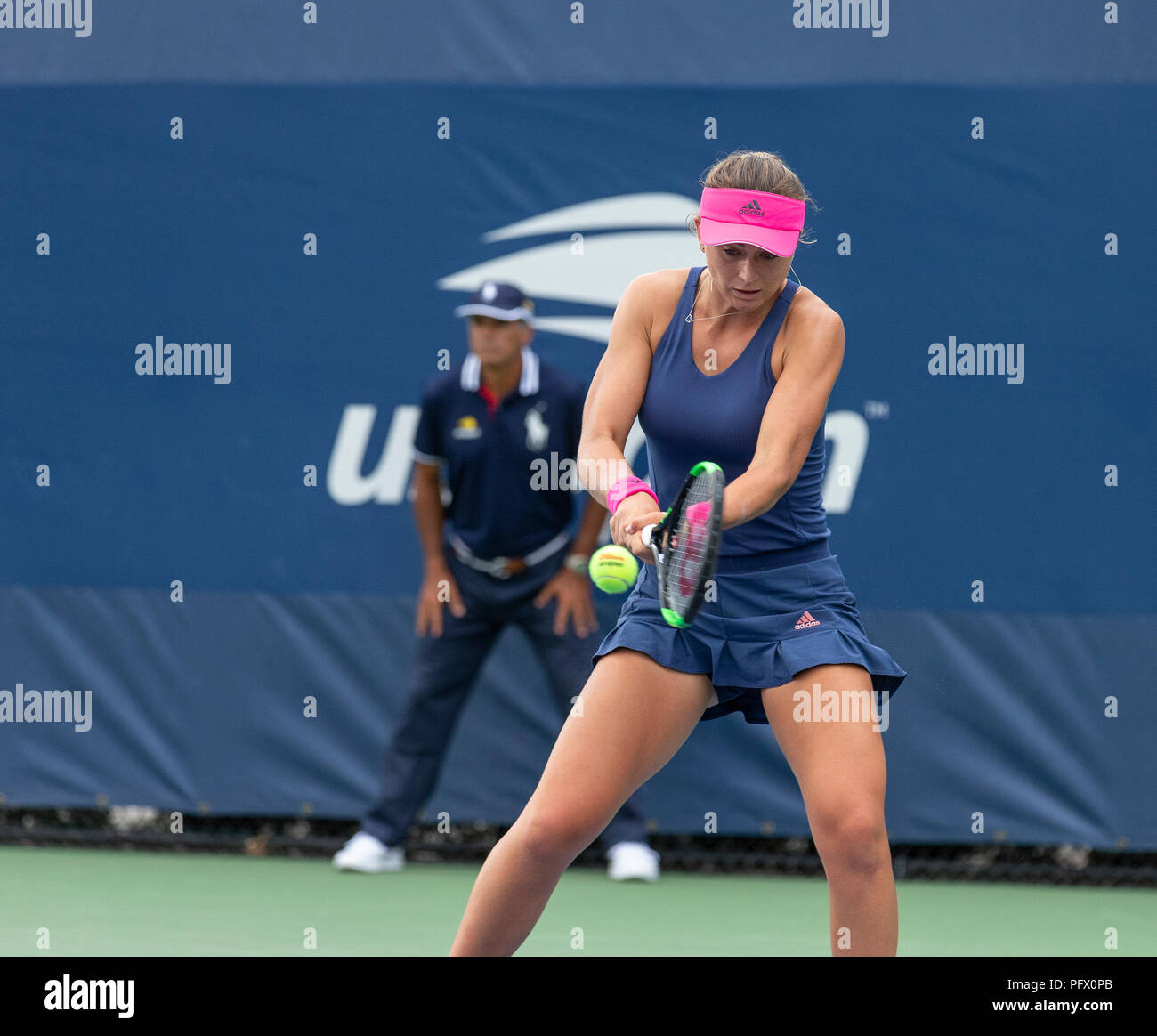 Paula Badosa Gibert of Spain retruns ball during qualifying day 1 against Sophie Chang of USA at US Open Tennis championship at USTA Billie Jean King National Tennis Center (Photo by Lev Radin/Pacific Press) Stock Photo