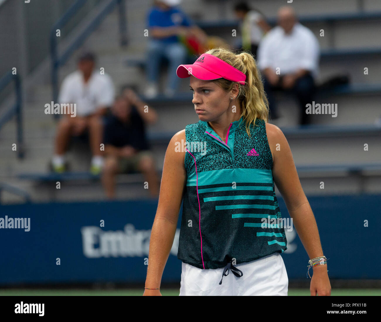 Catherine McNally of USA reacts during qualifying day 1 against Ekaterine Gorgodze of Georgia at US Open Tennis championship at USTA Billie Jean King National Tennis Center (Photo by Lev Radin/Pacific Press) Stock Photo