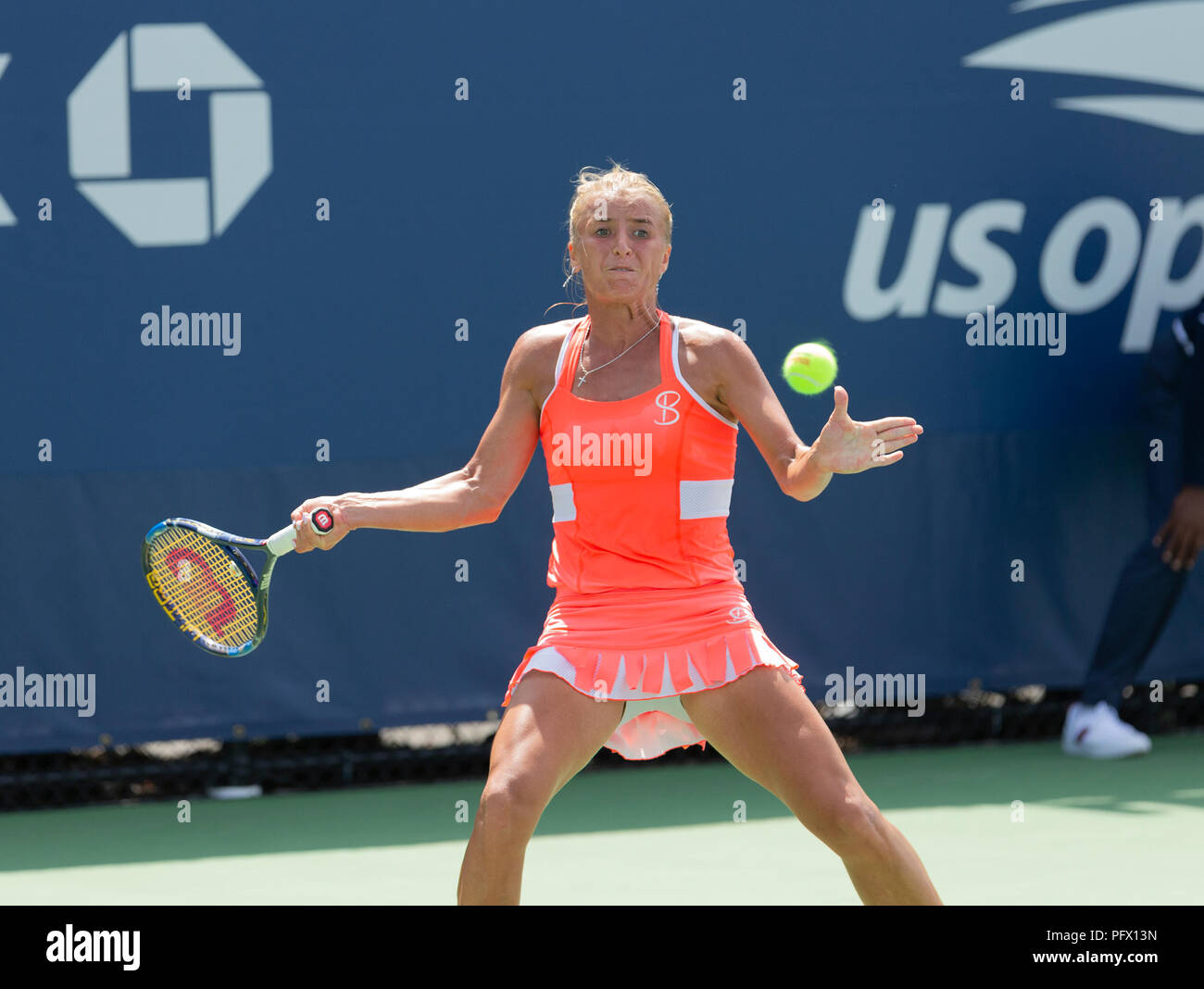 New York, United States. 21st Aug, 2018. Valentyna Ivakhnenko of Russia  returns ball during qualifying day 1 against Marta Kostyuk of Ukraine at US  Open Tennis championship at USTA Billie Jean King