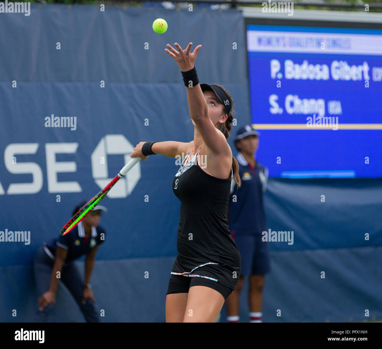 New York, United States. 21st Aug, 2018. Sophie Chang of USA serves during  qualifying day 1 against Paula Badosa Gibert of Spain at US Open Tennis  championship at USTA Billie Jean King