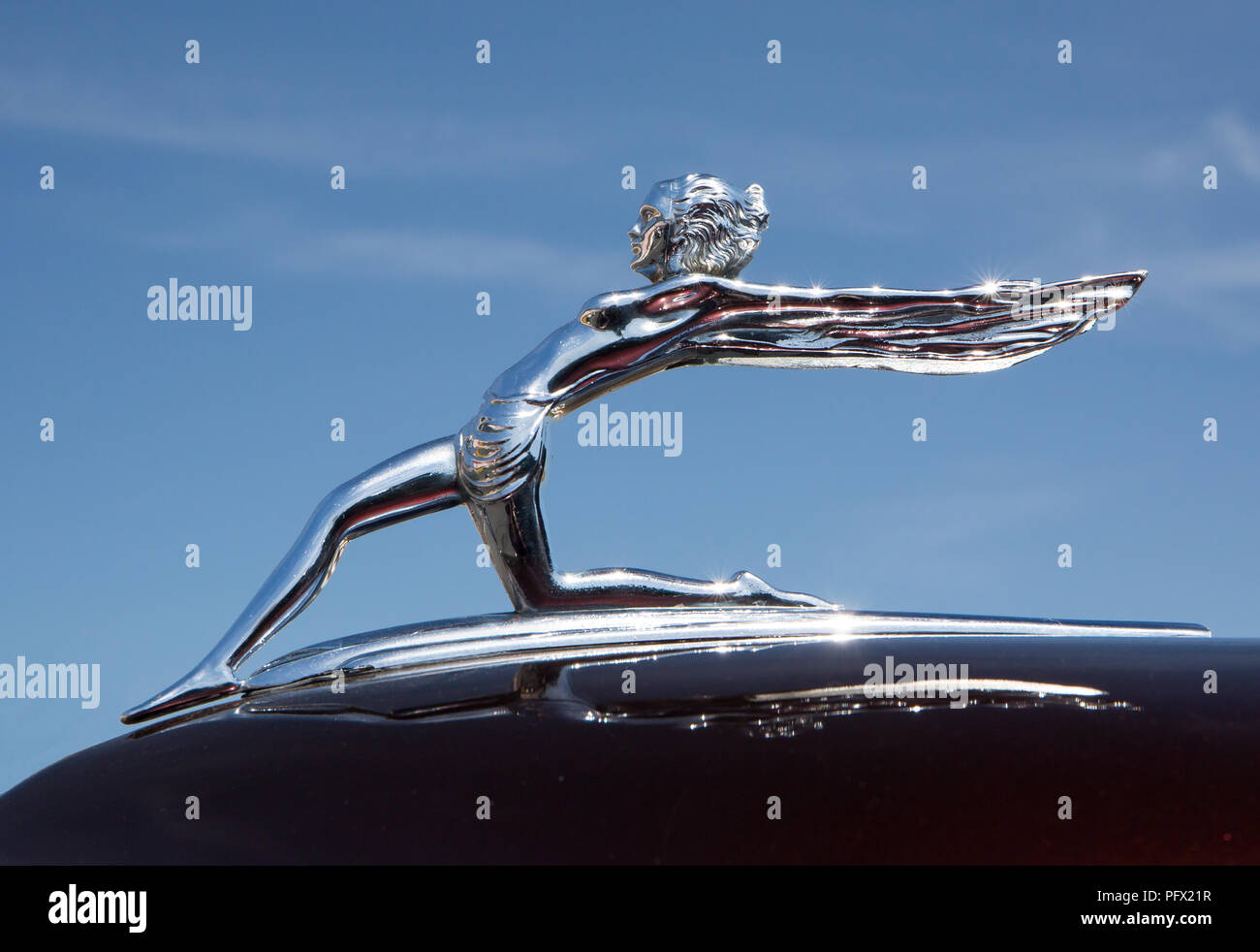 CONCORD, NC - April 5, 2018: Closeup of a 1934 Oldsmobile hood ornament at the Pennzoil AutoFair Classic Car Show at Charlotte Motor Speedway. Stock Photo