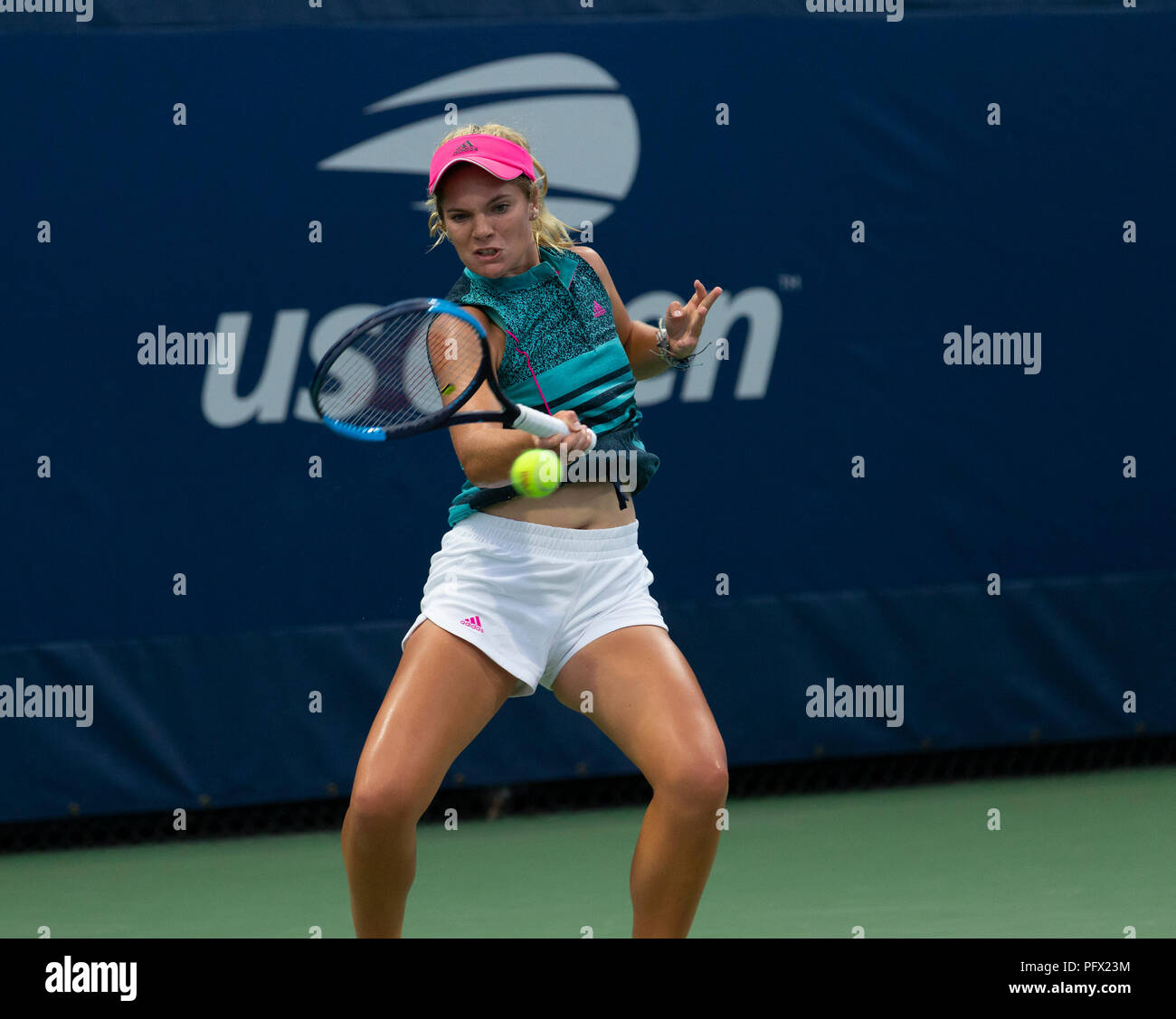 Catherine McNally of USA retruns ball during qualifying day 1 against Ekaterine Gorgodze of Georgia at US Open Tennis championship at USTA Billie Jean King National Tennis Center (Photo by Lev Radin/Pacific Press) Stock Photo