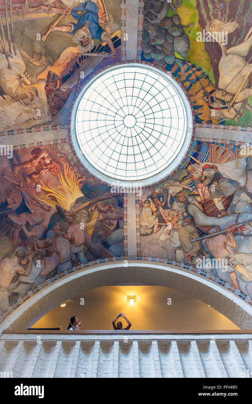 National Museum of Finland, view of the Kalevala fresco ceiling above the entrance hall inside the Kansallismuseo in Helsinki, Finland. Stock Photo