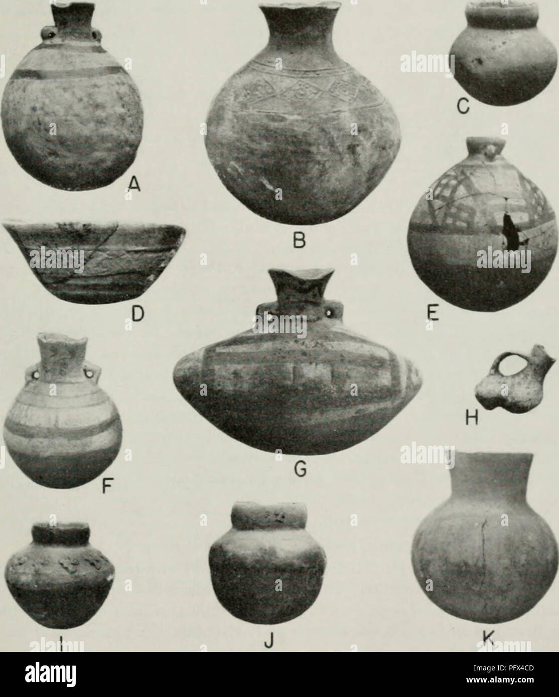 . Cultural chronology and change as reflected in the ceramics of the Virú Valley, Peru. Pottery -- Viru Valley, Peru; Mounds -- Peru Viru Valley; Viru Valley, Peru -- Antiquities. SITES AND EXC.WATIOXS 75. Fig. 36. Tomaval pottt-ry from '-302. A, Burial 8; B and C, Burial 9; D and H, Burial 11; E, Burial 13; F, I, and J, Burial 15; G, purchased vessel from near Santa Elena; K, Burial 14. Burial 11. Depth 125 cm. Adult, position uncertain. (a) Sausalito Black-on-W'hite miniature double jar representing two fruits or vege- tables, with spout and flat loop handle (ht. 8.5 cm., fig. 36, H). All o Stock Photo