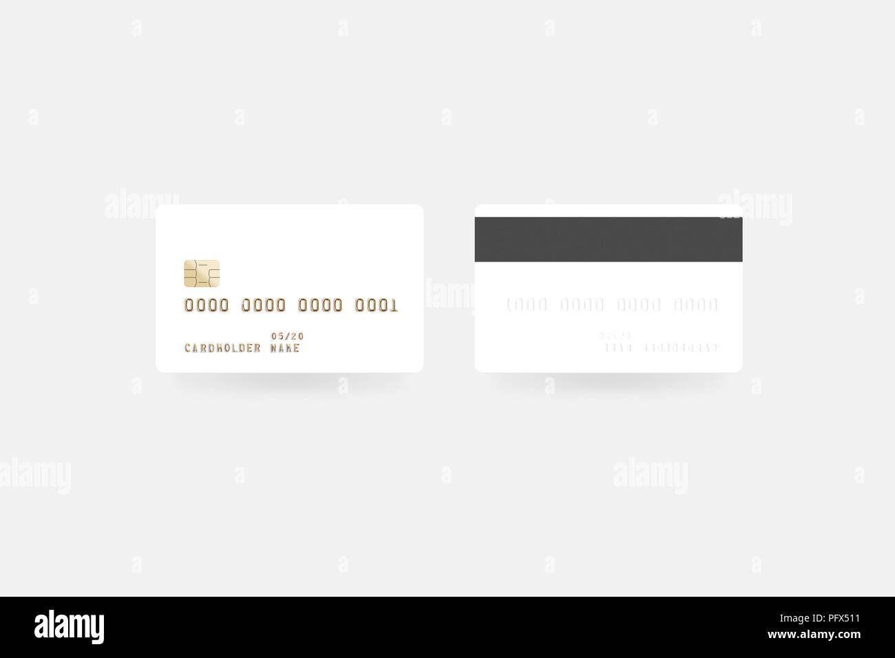 Blank white credit card mockup isolated, clipping path, front and back side, 3d illustration. Empty plastic card mock up. Clear surface bank card with Stock Photo