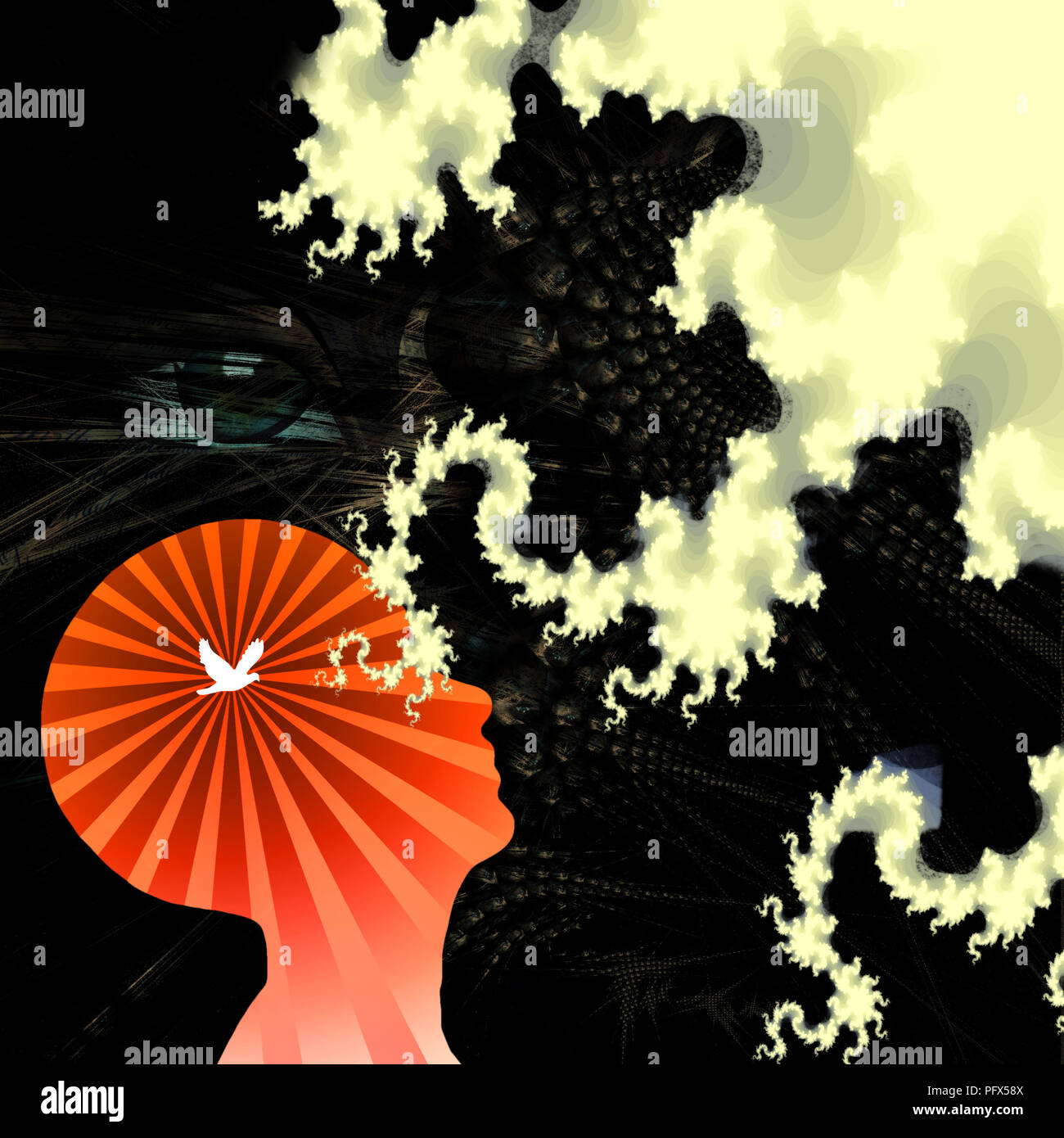 Human head silhouette with bird. Weird clouds and giant eye Stock Photo ...