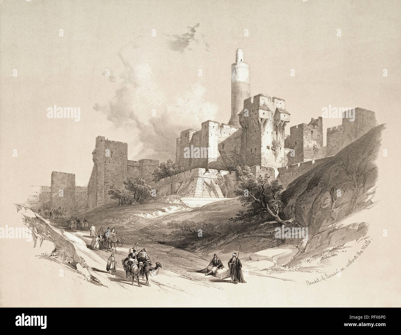 The Tower of David.  After a work by Scottish artist David Roberts, 1796-1864 and Belgian lithographer Louis Haghe, 1806-1885. Stock Photo