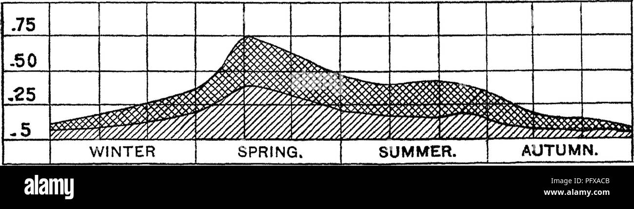 . Report upon the forestry investigations of the U. S. Department of agriculture. 1877-1898. Forests and forestry. Fig 82 âPercentage of evaporation in tho woods as compared with that m open fields 100. Fig. 83.â¢Ratio of evaporation from water surface in field (upper curve) and forest (lower curve) to precipitation (top line). 100 75 50 â f &quot;Z &quot;-&quot;bH â i* .-- Â»â¢âÂ«. â 25 .--â¢'&quot; â¢â¢â Â».â â * *&quot; * 0 WINTER. SPRING SUMMER. AUTUMN ,^.  EVERGREEN TREES. .- DECIDUOUS TREES YOUNG TREES, f |Â§, 8|,âPercentage of evaporation in w&gt;&amp;* tQ Xtoft m *&amp;Â© open air. Stock Photo