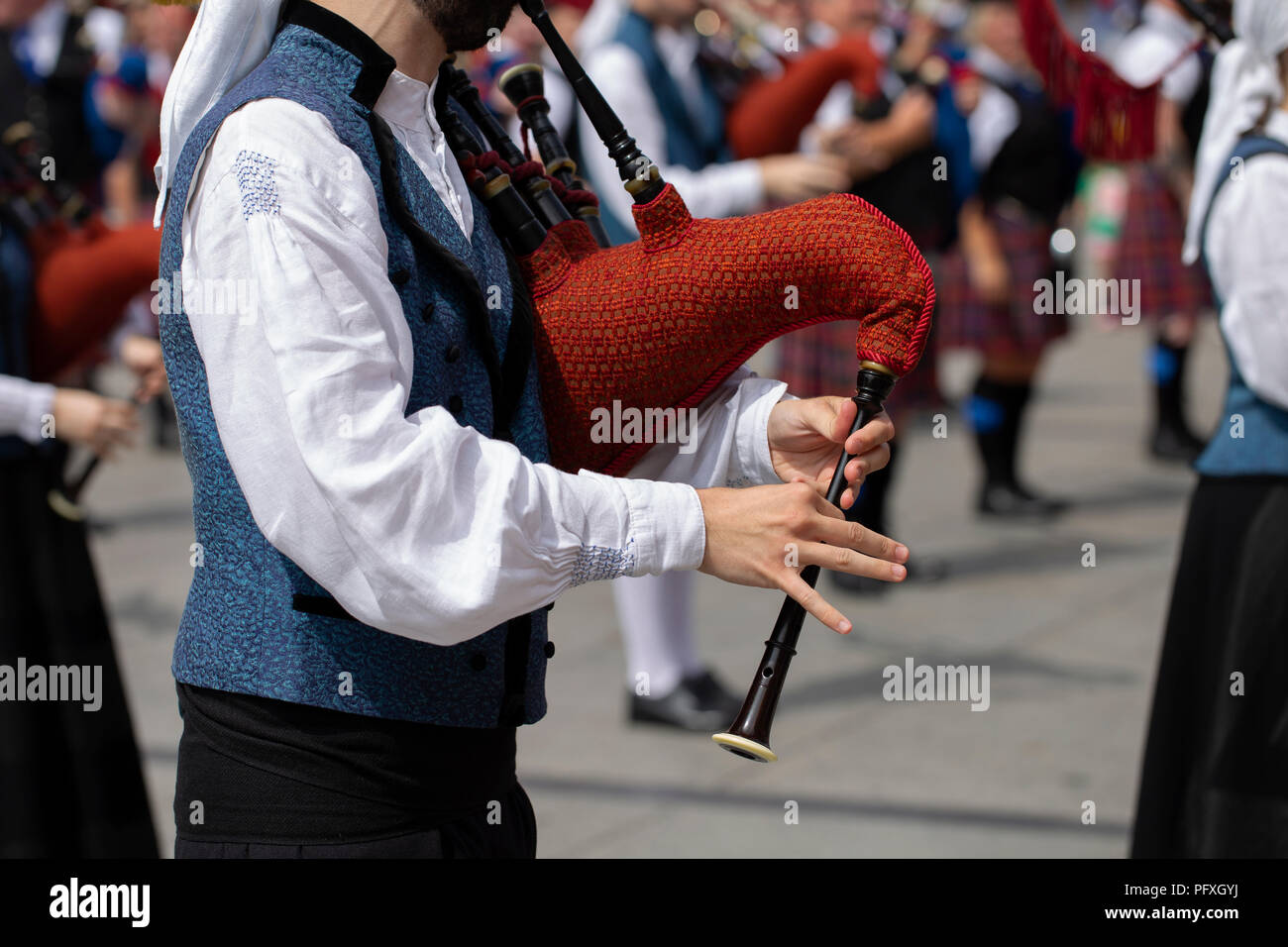 Man playing bagpipe, spanish traditional pipe band Stock Photo Alamy