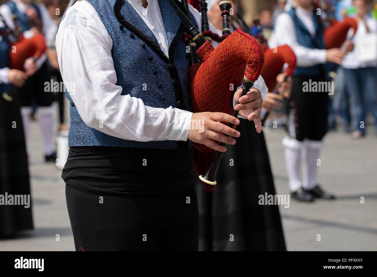 Man playing bagpipe, spanish traditional pipe band Stock Photo Alamy