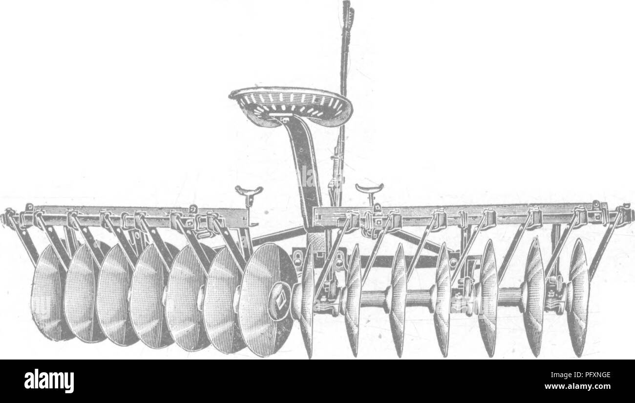 . Productive soils; the fundamentals of successful soil management and profitable crop production. Soils. AFTER PLOWING, HARROWING 151 Just what to do to complete the preparation of the seed bed depends largely upon how clearly the farmer understands what constitutes a good seed bed, or good tilth.. FiQ. 89.—The full disk harrow.. Please note that these images are extracted from scanned page images that may have been digitally enhanced for readability - coloration and appearance of these illustrations may not perfectly resemble the original work.. Weir, Wilbert Walter, 1882-. Philadelphia Lond Stock Photo