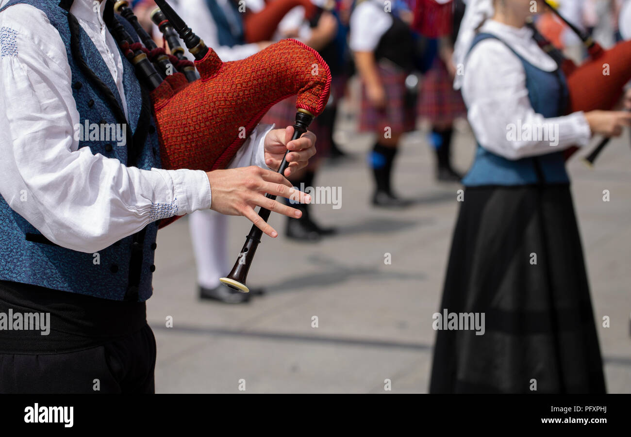 Man playing bagpipe, spanish traditional pipe band Stock Photo Alamy