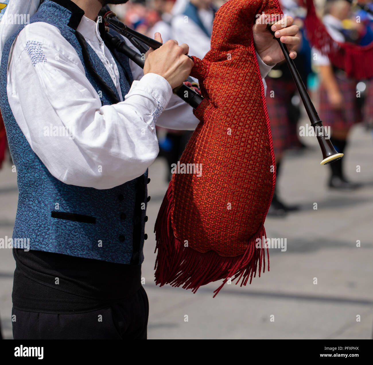 Man playing bagpipe, spanish traditional pipe band Stock Photo Alamy