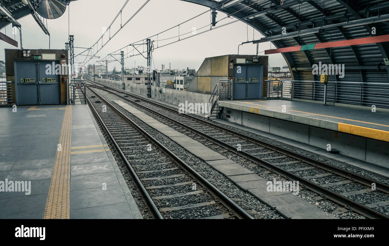 Train rails of one of the subway stations of Lima - Peru Stock Photo