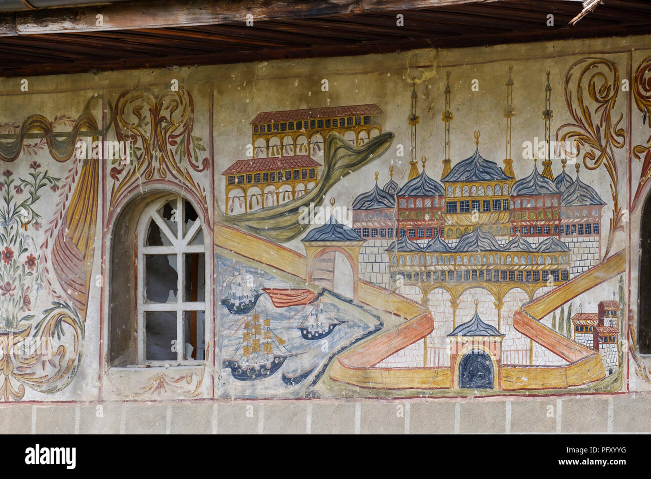 Paintings on the outside facade of the bachelor mosque, Xhamia e Beqarve, Berat, Qark Berat, Albania Stock Photo