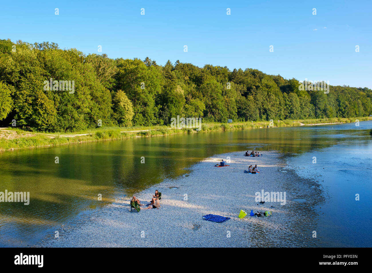 Gravel Island, Isar, at the Marienklausensteg, Flaucher, Thalkirchen, Munich, Upper Bavaria, Bavaria, Germany Stock Photo