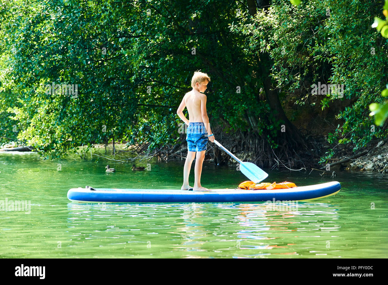 Paddle boarder. Child boy paddling on stand up paddleboard. Healthy